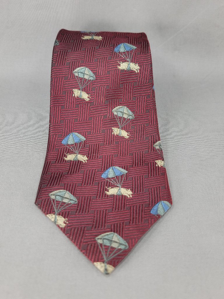 Xmi 325 Series Necktie Tie Mens Maroon Blue Gray Silk Parachute Flying Pigs Usa